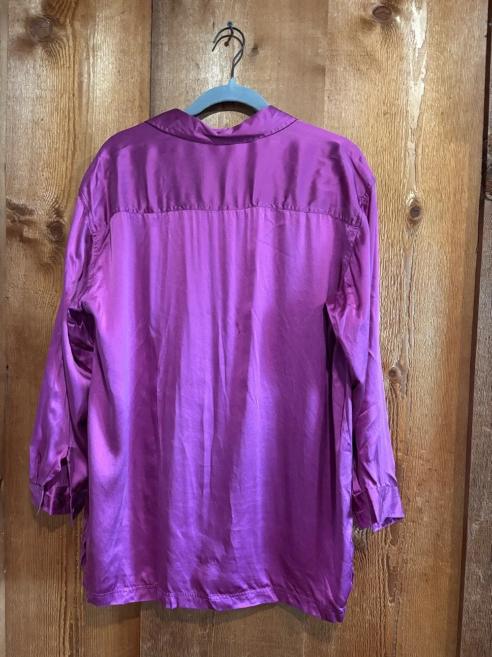 NY&CO 100% Silk Magenta Purple Button Up Shirt Medium Oversized Satin Blouse